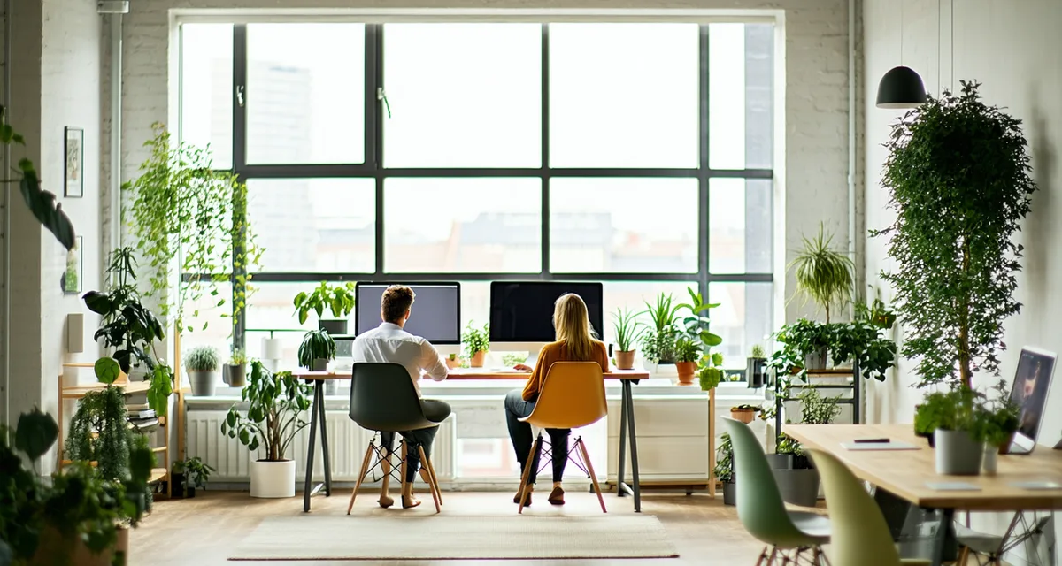Modern Berlin office scene showing a sustainable technology workspace with city views