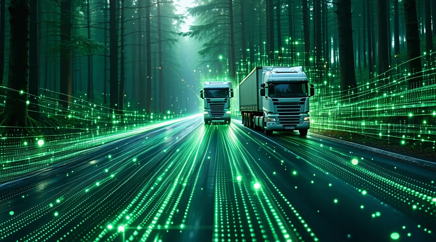 Abstract data streams in glowing green converging into a unified emissions ledger on a deep forest green background