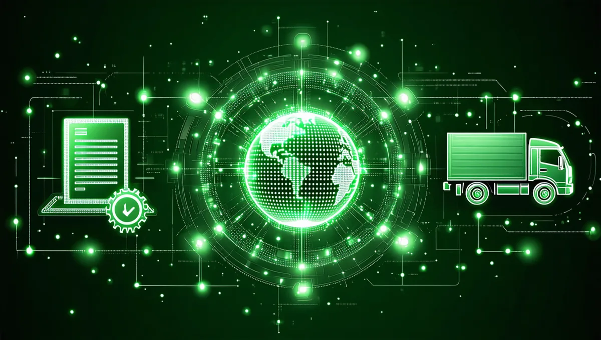 Abstract visualization of procurement invoices, energy meter data, and logistics information flowing into a central data processing system